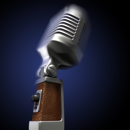 3D rendering of a retro microphone on a blue backgroundの写真素材