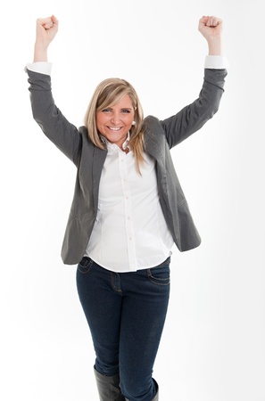
Young woman with her hands raised and a happy expression
の写真素材