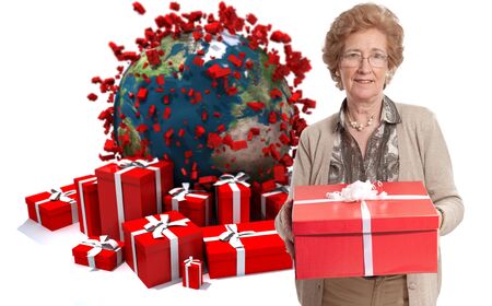 
Elegant mature lady holding a present against a background of gift boxes and the Earth
の写真素材