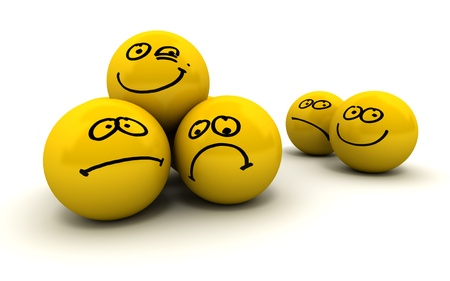 Smiling icon carried by angry ones cheered by the crowdの写真素材