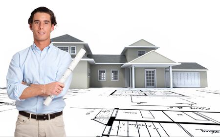 

Young man with a roll of blueprints with a house and plans at the background
の写真素材
