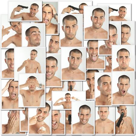 Collage of images of the same young man with different expressionsの写真素材