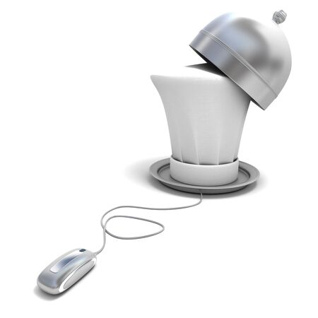 3D rendering of a chef's hat on a platter with a bell connected to a computer mouse
の写真素材