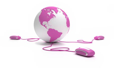 

Pink and white Earth Globe oriented to America connected with three computer mice.
の写真素材