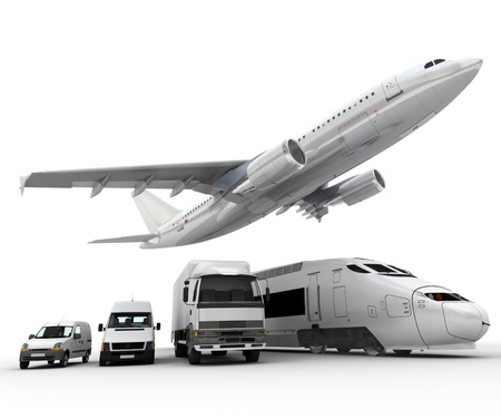 3D rendering of a flying plane, a truck, a lorry, a train and a cargo containerの写真素材