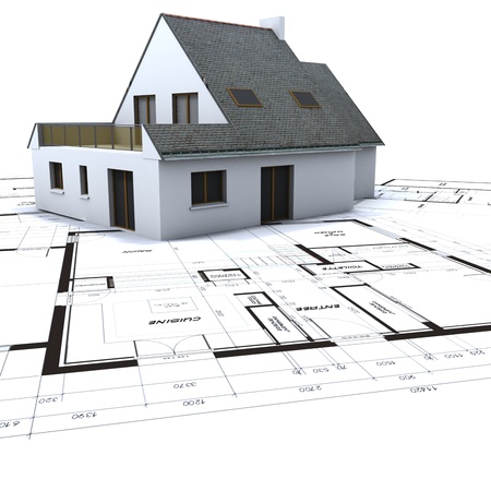 Architectural model on top of architect s blueprints against a white backgroundの写真素材