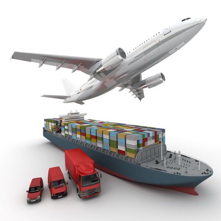 3D rendering of a flying plane, a truck, a lorry, and a freight ship の写真素材