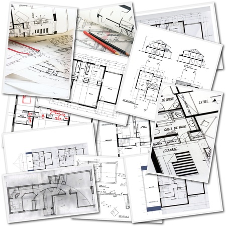 Collage with blueprints in different creation stagesの写真素材