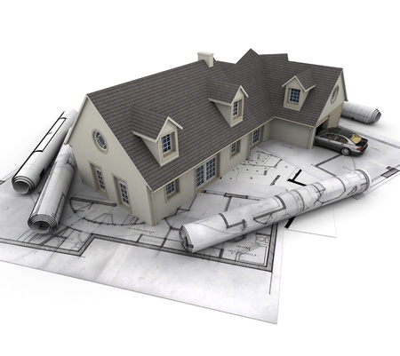 3D rendering of a house with garage on top of blueprintsの写真素材