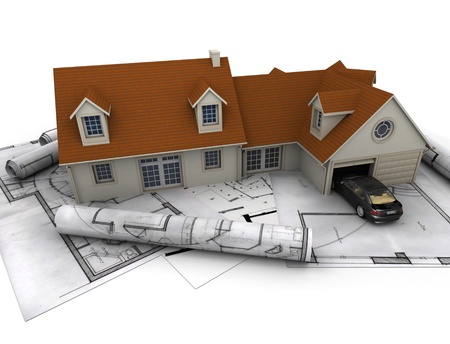 3D rendering of a house with garage on top of blueprintsの写真素材