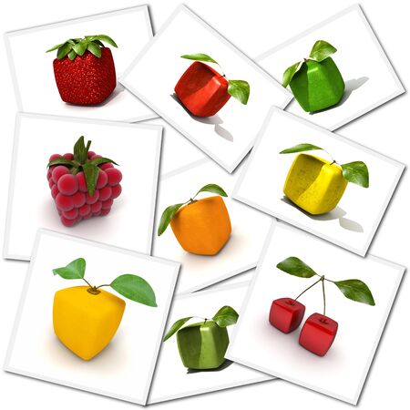 Collection of cubic fruit renderingsの写真素材