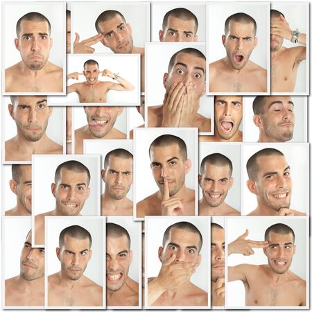 Collage of images of the same young man with different expressionsの写真素材