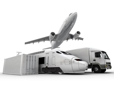 3D rendering of a flying plane, a truck, a lorry, a train and a cargo containerの写真素材