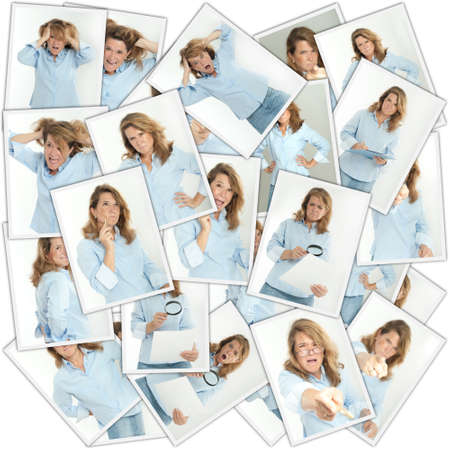 Collage of images of an angry woman in different life situationsの写真素材