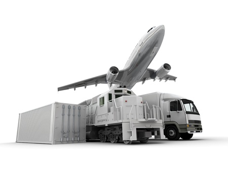 3D rendering of a flying plane, a truck, a lorry, a train and a cargo containerの写真素材
