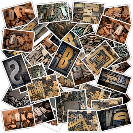 Collage with different photos of vintage wooden typescript lettersの写真素材