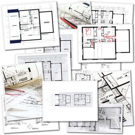 Collage with blueprints in different creation stagesの写真素材