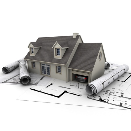 3D rendering of a house with garage on top of blueprintsの写真素材