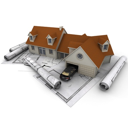 3D rendering of a house with garage on top of blueprintsの写真素材