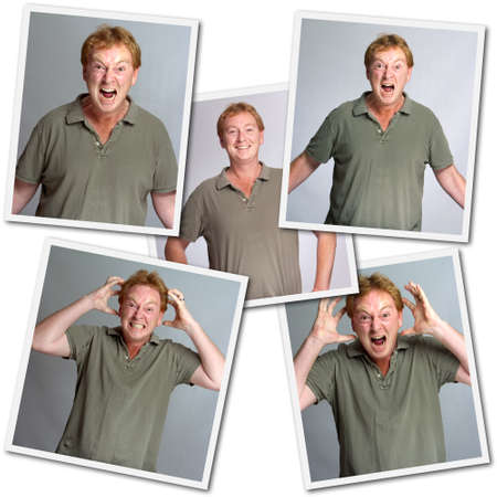 Collection of images of a man with different emotions, anger, laughterの写真素材