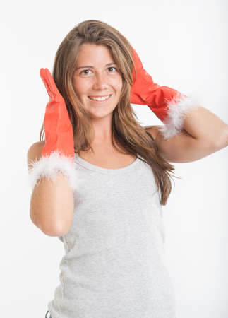 Young woman showing her glamorous protective glovesの写真素材