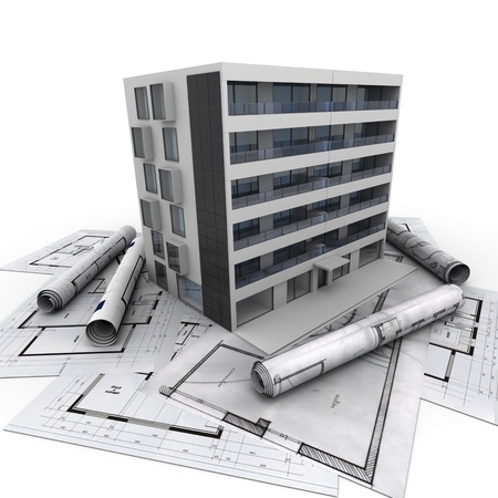 3D rendering of a modern apartment building on top of blueprintsの写真素材