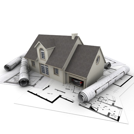 3D rendering of a house with garage on top of blueprintsの写真素材
