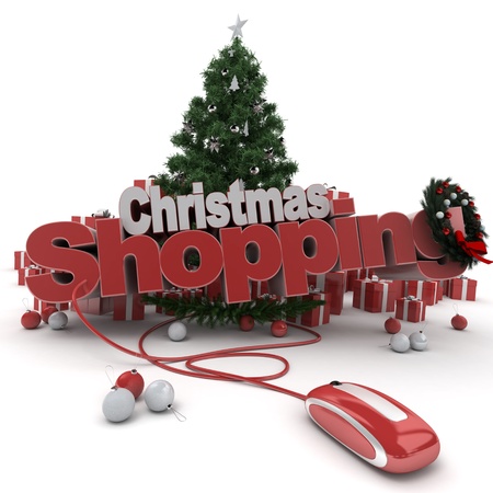 3D rendering of a Christmas decor, and the words Christmas shopping connected to a computer mouseの写真素材