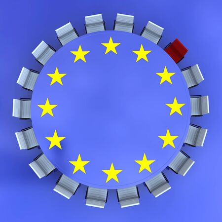 Round meeting table with the European symbol and a red chairの写真素材