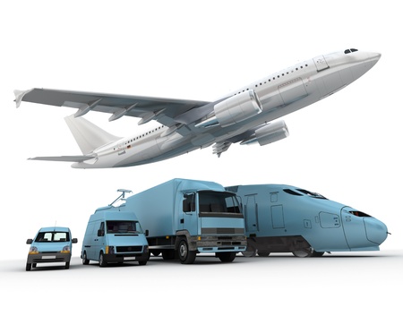 3D rendering of a flying plane, a truck, a lorry, a train and a cargo containerの写真素材