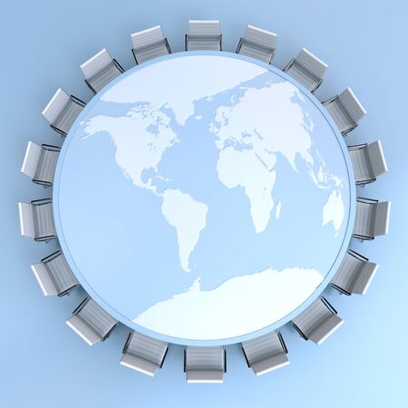 Round meeting table with the world mapの写真素材
