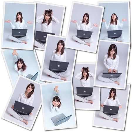 Collage with images of a young woman using her computerの写真素材
