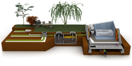 3D rendering of a house cross section showing bathroom and sewage systemの写真素材