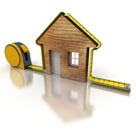 3D rendering of a tape measure in the shape of a houseの写真素材