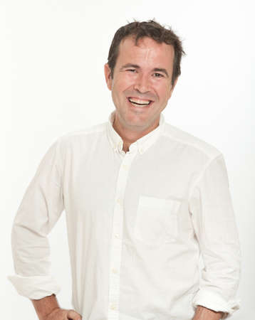 Portrait of a laughing man in a white backgroundの写真素材