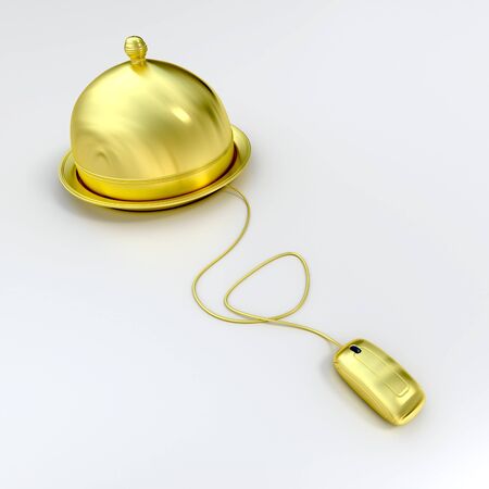 3D rendering of a golden plate covered with a cloche lid, connected to a computer mouseの写真素材