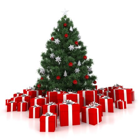 3D rendering of a Christmas tree surrounded by presentsの写真素材