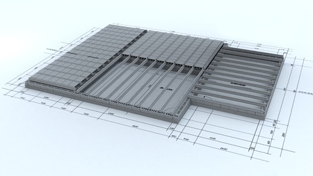 Home foundations on top of blueprintsの写真素材
