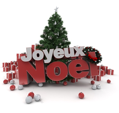 3D rendering of a Christmas décor, with the words happy Christmas in French: Joyeux Noelの写真素材