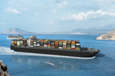 Bay with a cargo ship, and other smaller ships の写真素材