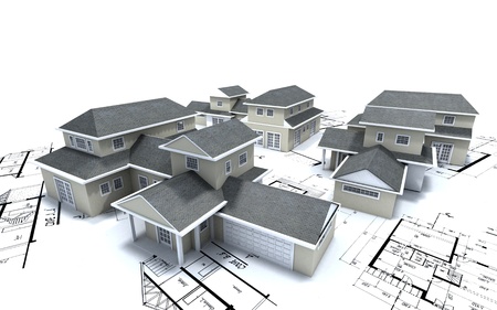 
3D rendering of different residential architecture models on top of blueprints 
の写真素材