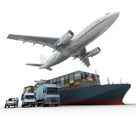 3D rendering of a flying plane, a truck, a lorry, and a freight ship の写真素材