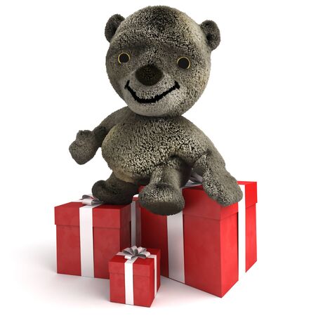 Animated teddy bear standing by a red gift boxの写真素材