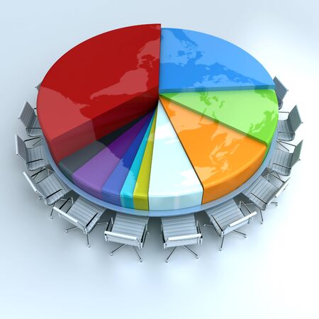 Round meeting table like a pie chart with the world map imprintedの写真素材