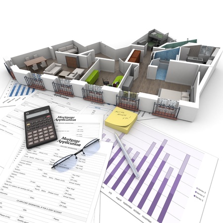 Cross section of an apartment on top of a table with mortgage application form, calculator, blueprints, etc.. の写真素材