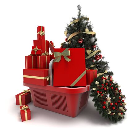 3D rendering of a shopping basket with presents and Christmas decorations の写真素材