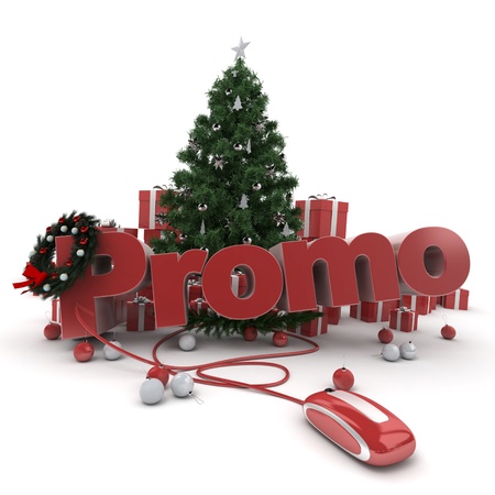Christmas background with the word Promo connected to a computer mouseの写真素材