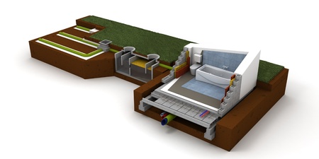 3D rendering of a house cross section showing bathroom and sewage systemの写真素材