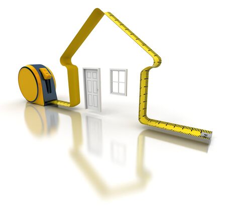 3D rendering of a tape measure in the shape of a houseの写真素材