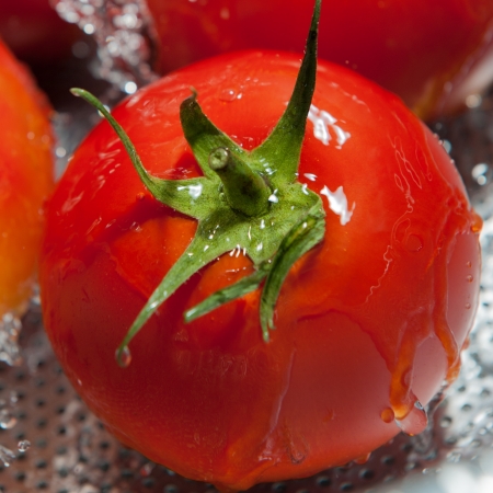 Red tomatoes in a colander with splashing waterの写真素材
